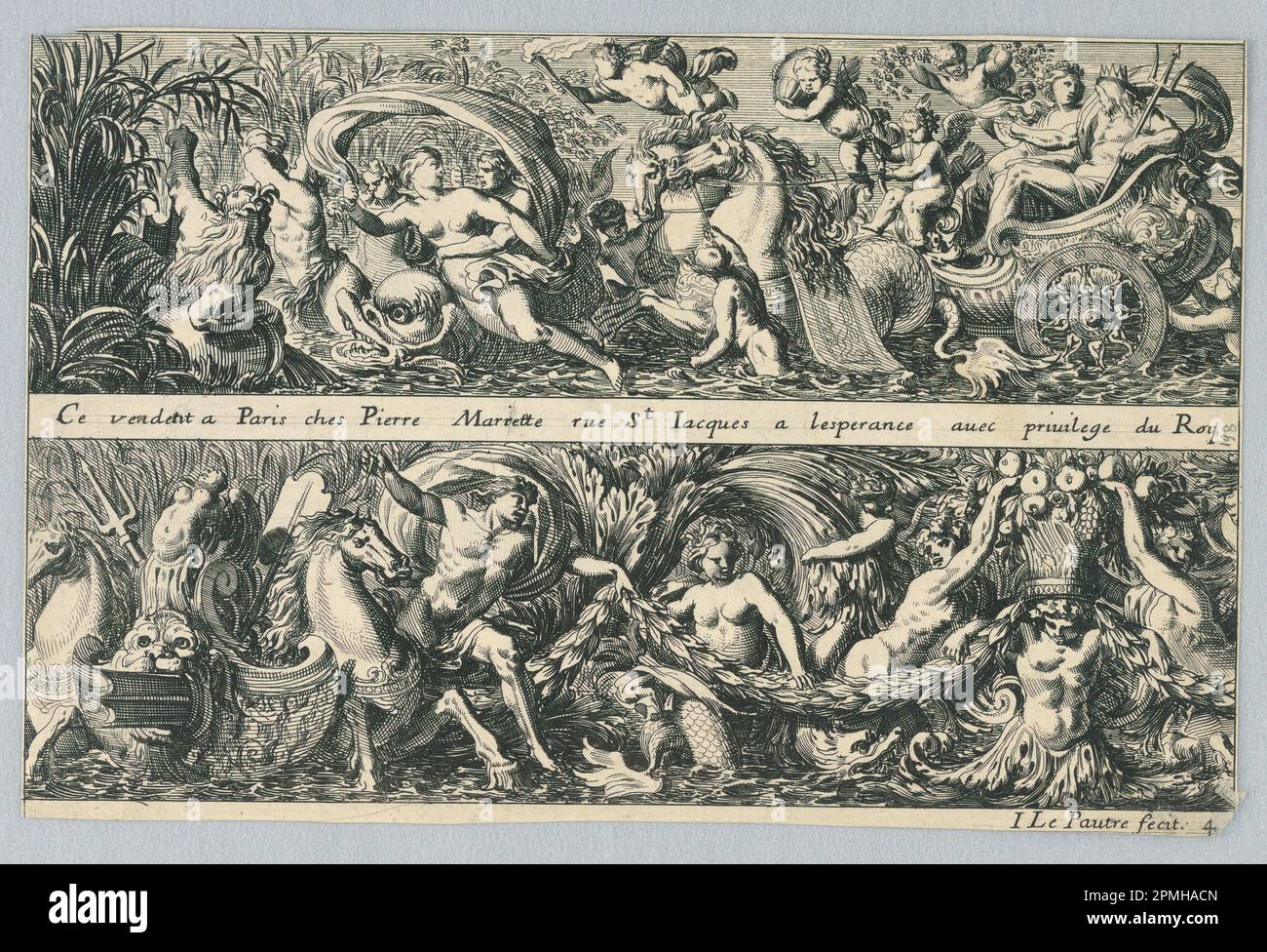 Stampa, due fregi; Print Maker: Jean le Pautre (francese, 1618–1682); incisione su carta; 13,9 x 21,3 cm (5 1/2 x 8 3/8 pollici) Foto Stock