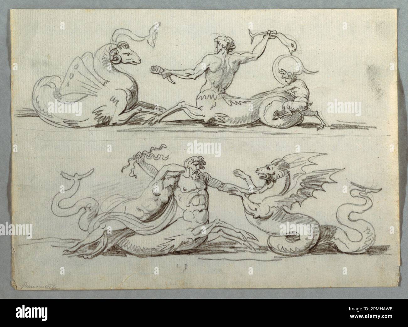 Disegno, Sea Centaur batte Sea Monster; progettato da Felice Giani (italiano, 1758–1823); Italia; gesso nero su carta bianca; 27,3 x 19,5 cm (10 3/4 x 7 11/16 pollici) Foto Stock