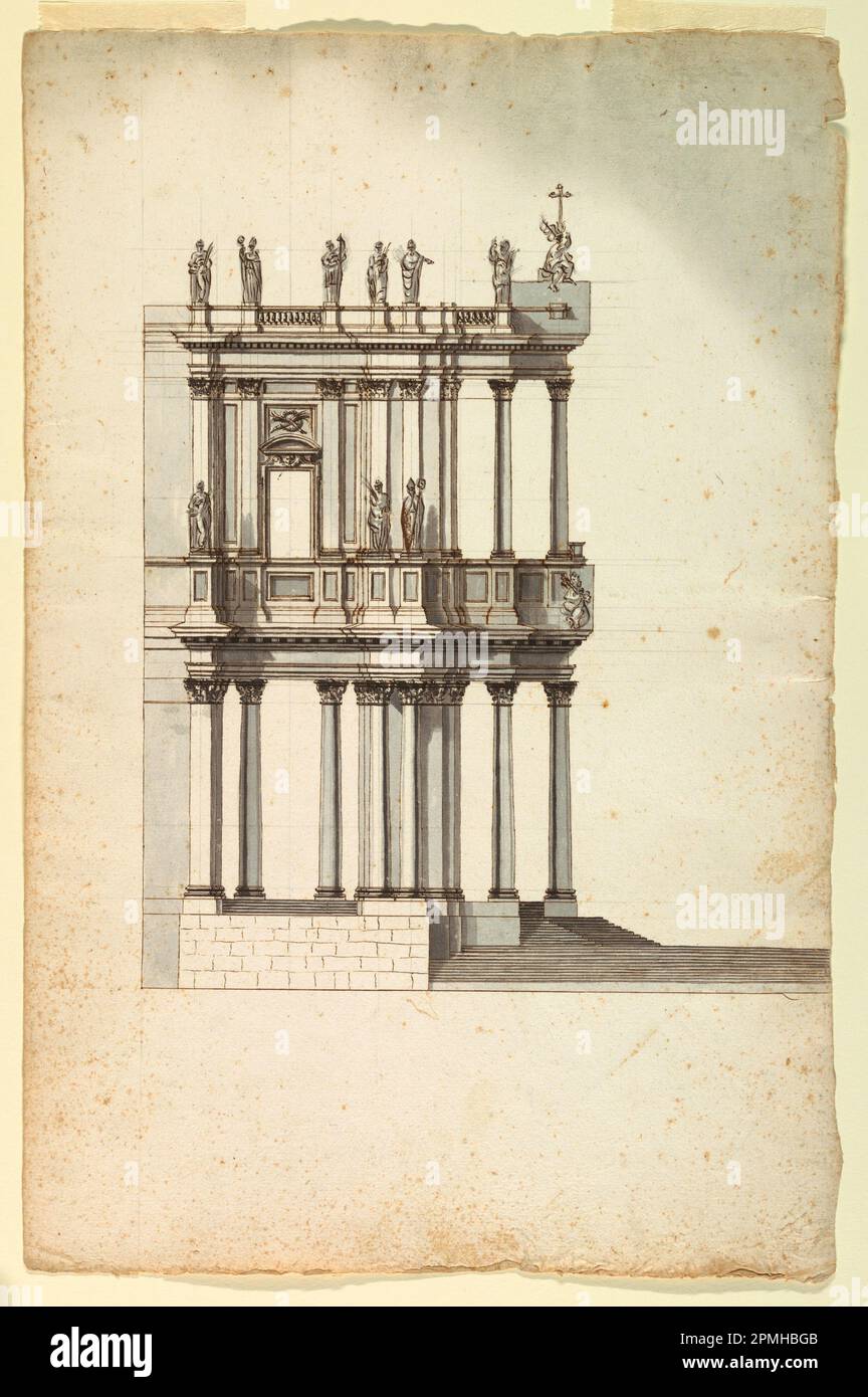 Disegno, copia del Concorso Design di Vanvitelli per la facciata di S. Giovanni in Laterano; architetto: Sconosciuto (italiano); dopo Luigi Vanvitelli (italiano, 1700 – 1773); Italia; penna e inchiostro nero, pennello e grigio lavabile su carta posata; foglio: 45,7 x 62,4 cm (18 x 24 9/16 in.) Foto Stock