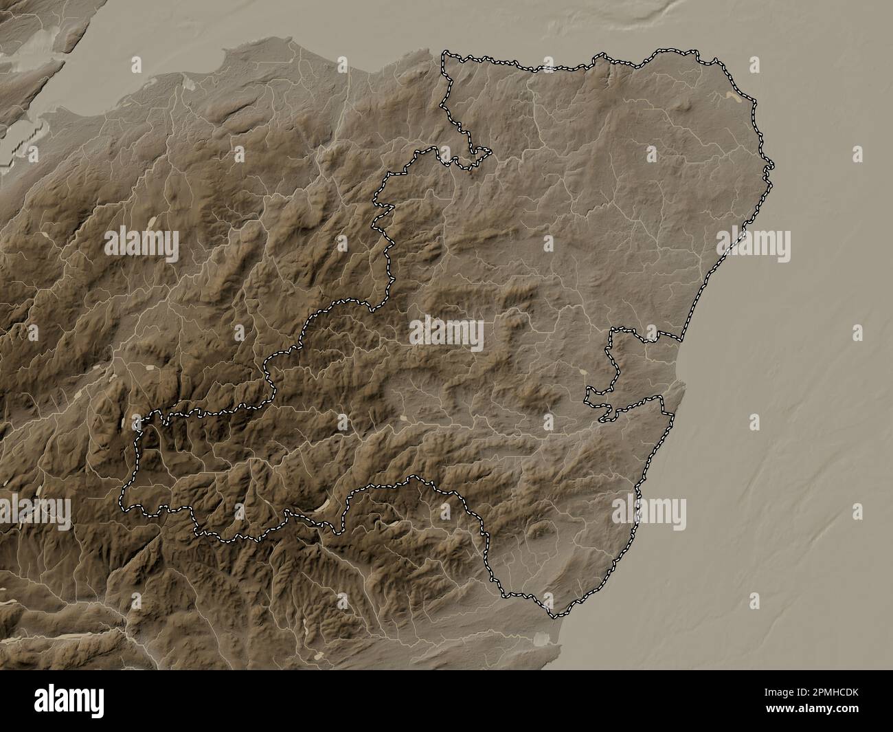 Aberdeenshire, regione della Scozia - Gran Bretagna. Mappa dell'altitudine colorata in tonalità seppia con laghi e fiumi Foto Stock