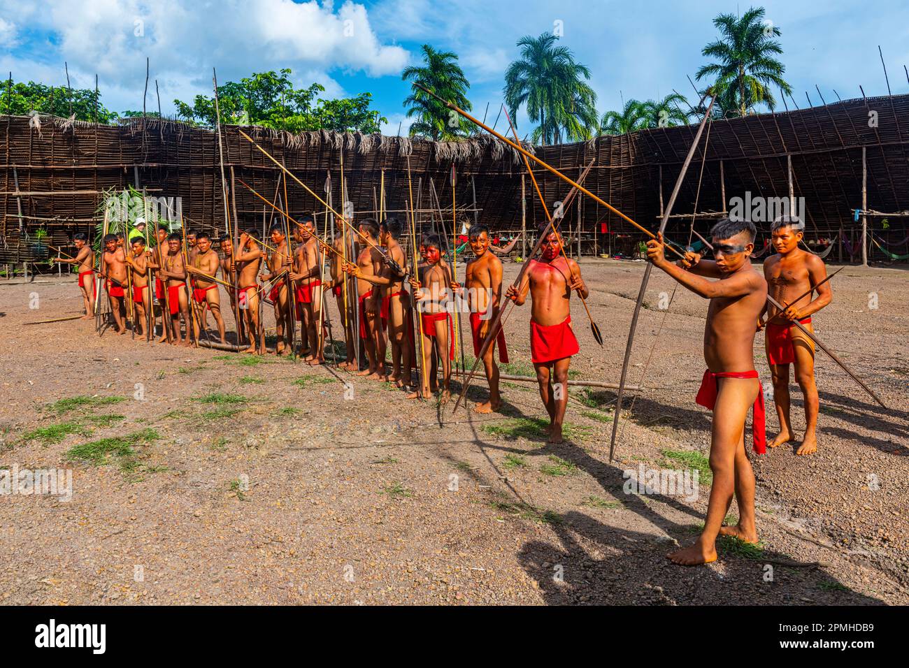 Uomini che praticano la sparatoria dei loro archi e frecce, tribù Yanomami, Venezuela meridionale, Sud America Foto Stock