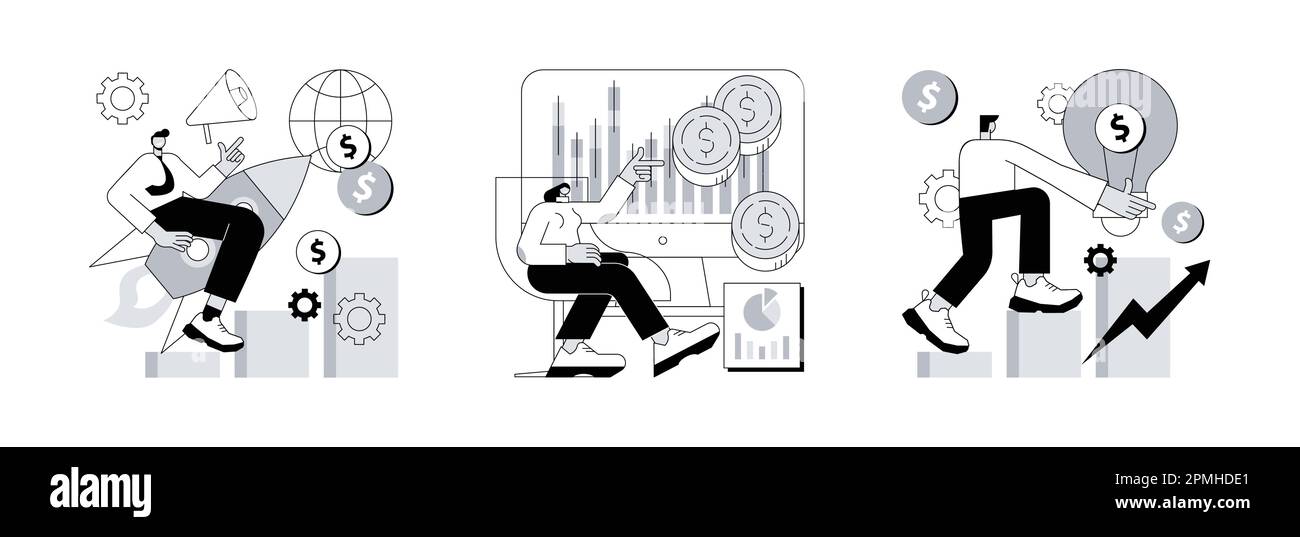 Gruppo di illustrazione vettoriale del concetto astratto dell'economia globale. Sviluppo economico, indice del mercato azionario, capitale intellettuale, istituto finanziario, tasso di cambio, metafora astratta degli investimenti in denaro. Illustrazione Vettoriale