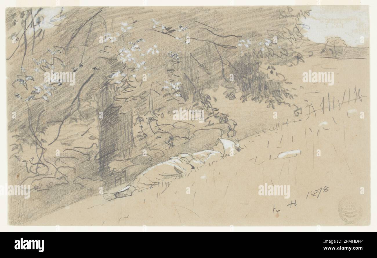 Disegno, Shepherdess che riposa sotto un albero; Winslow Homer (americano, 1836–1910); USA; grafite, Spazzola e gouache su carta in wove grigio-verde; foglio: 13,3 x 21,8 cm (5 1/4 x 8 9/16 poll.) Foto Stock
