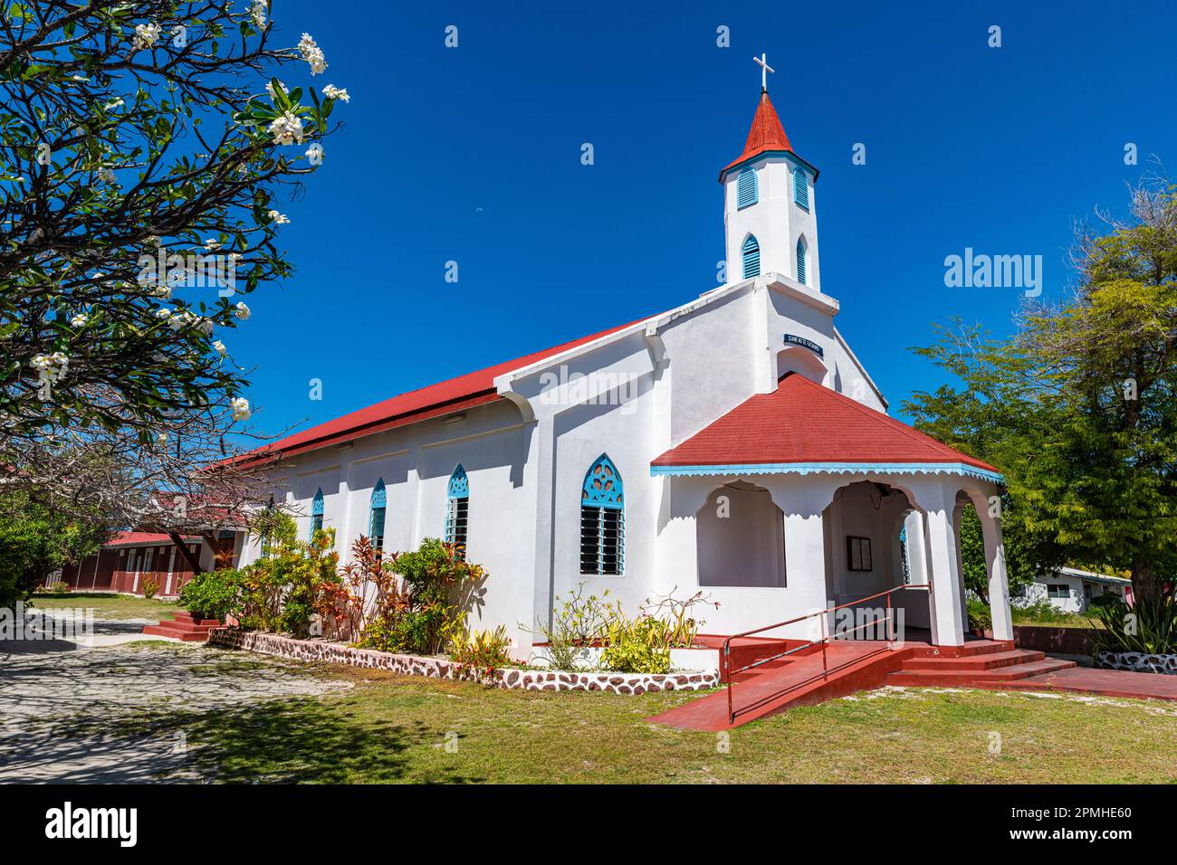Chiesa di Rotoava, Fakarava, arcipelago di Tuamotu, Polinesia francese, Pacifico del Sud, Pacifico Foto Stock