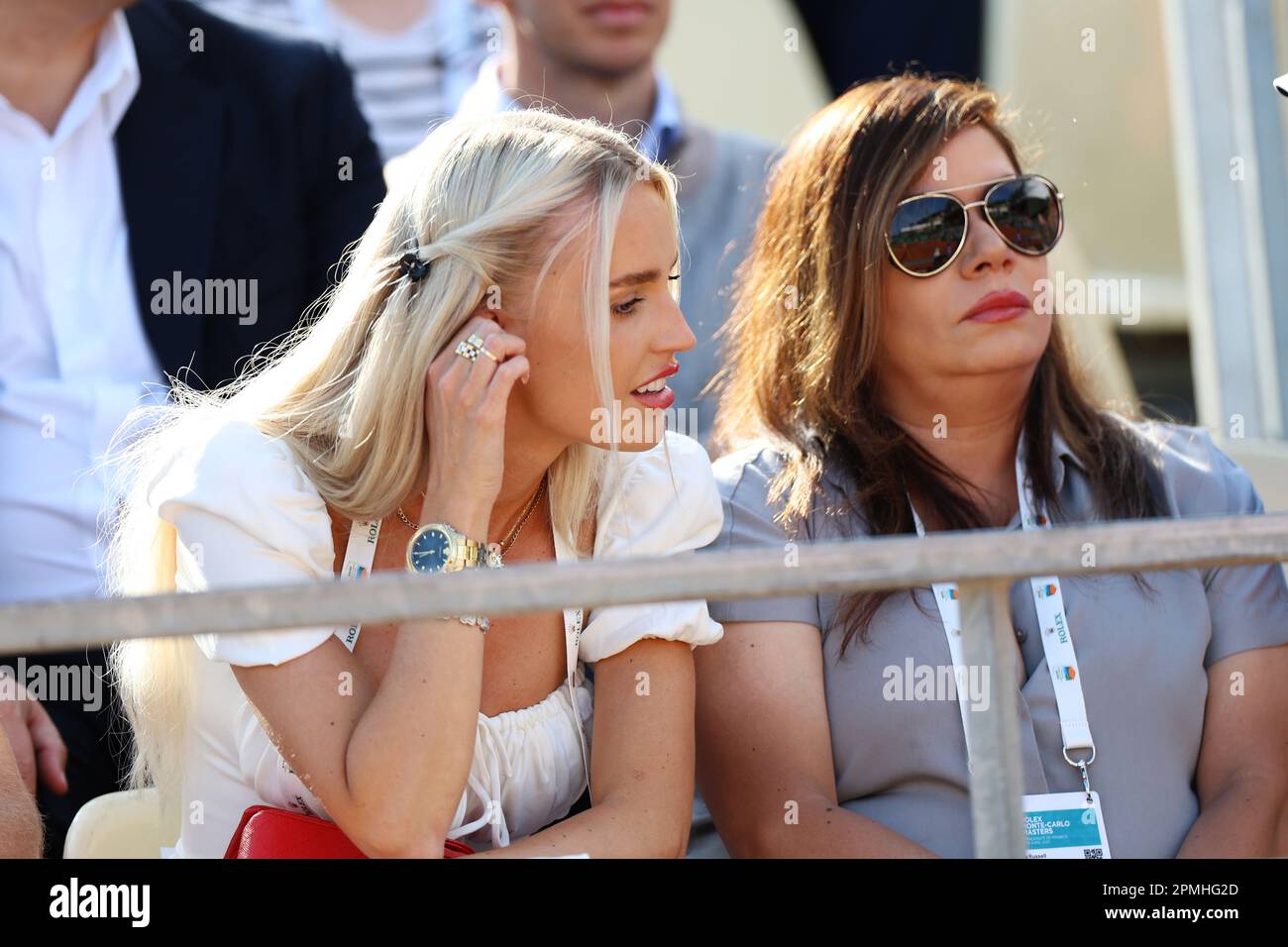 Monaco, Monaco. 12th Apr, 2023. MONACO, Monte Carlo 12. Aprile : Morgane RIDDLE, ragazza amica del tennista statunitense Taylor Fritz partecipa al torneo di tennis Rolex Master tenutosi il 12 2023 aprile presso il Monte Carlo Tennis Club, Foto & copyright immagini Thierry CARPICO/ATP (CARPICO Thierry/ATP/SPP) Credit: SPP Sport Press Photo. /Alamy Live News Foto Stock