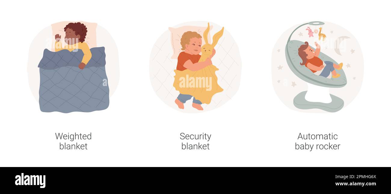 Set di illustrazioni vettoriali per cartone animato isolato per i prodotti del sonno neonato. Bambino sotto coperta ponderata, mettere coperta di sicurezza, bilanciere automatico bambino, sedia rimbalzatore neonato, cartoni animati vettoriali di routine a letto. Illustrazione Vettoriale
