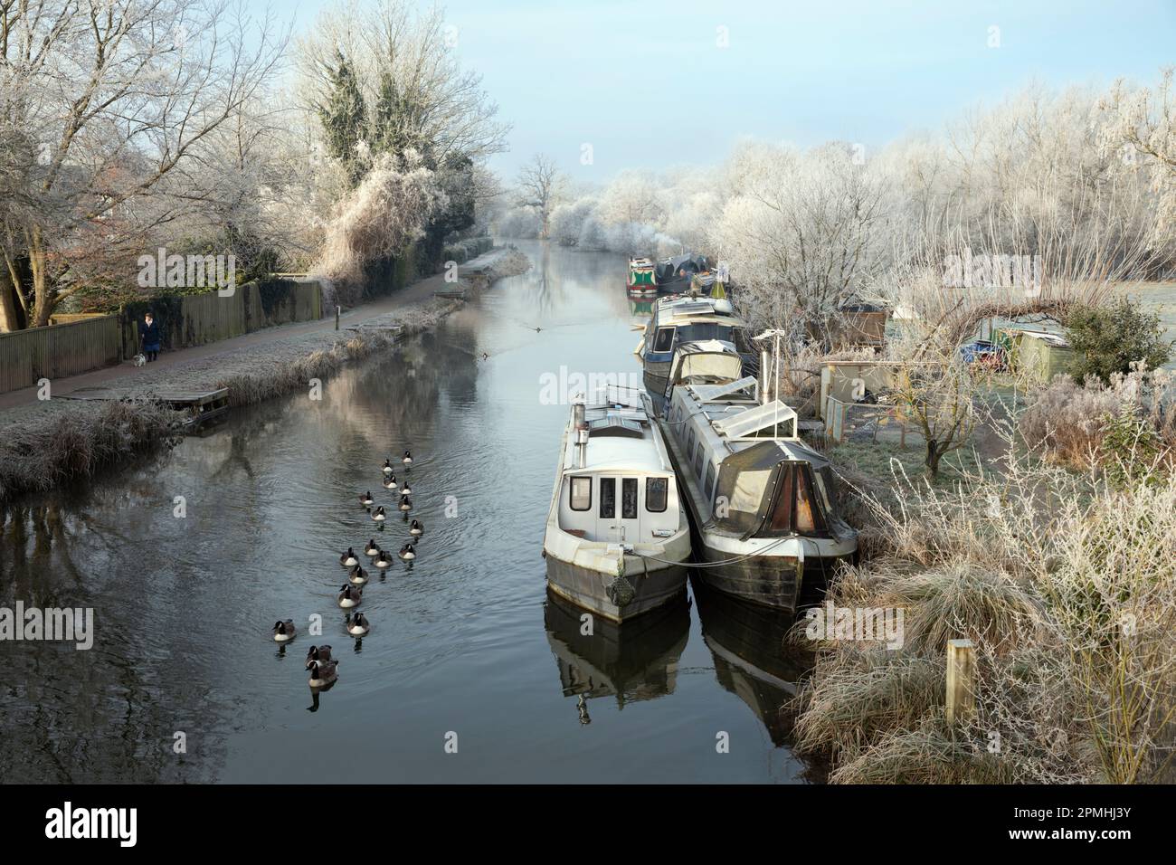 Barche a remi sul canale Kennet e Avon da Northcroft Park in una gelida mattina d'inverno, Newbury, Berkshire, Inghilterra, Regno Unito, Europa Foto Stock