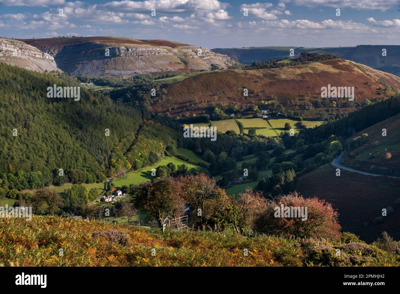 La valle di Eglwyseg e le rocce di Eglwyseg provenienti da Horseshoe Pass, vale of Llangollen, Denbighshire, Galles del Nord, Regno Unito, Europa Foto Stock