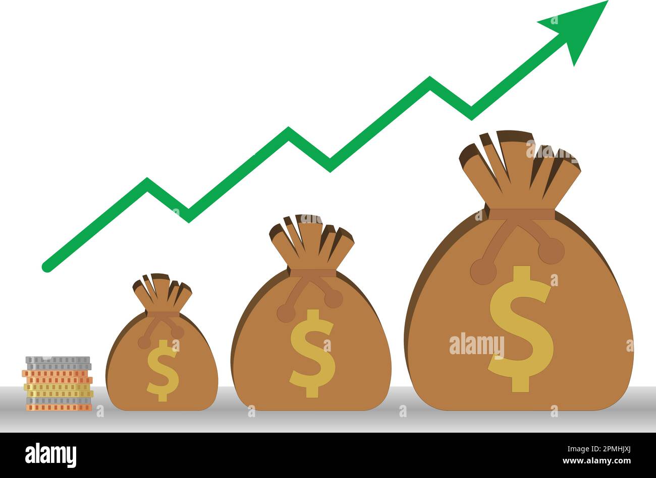 Sacchi con simbolo del dollaro disposti in ordine di grandezza sotto freccia ascendente Illustrazione Vettoriale