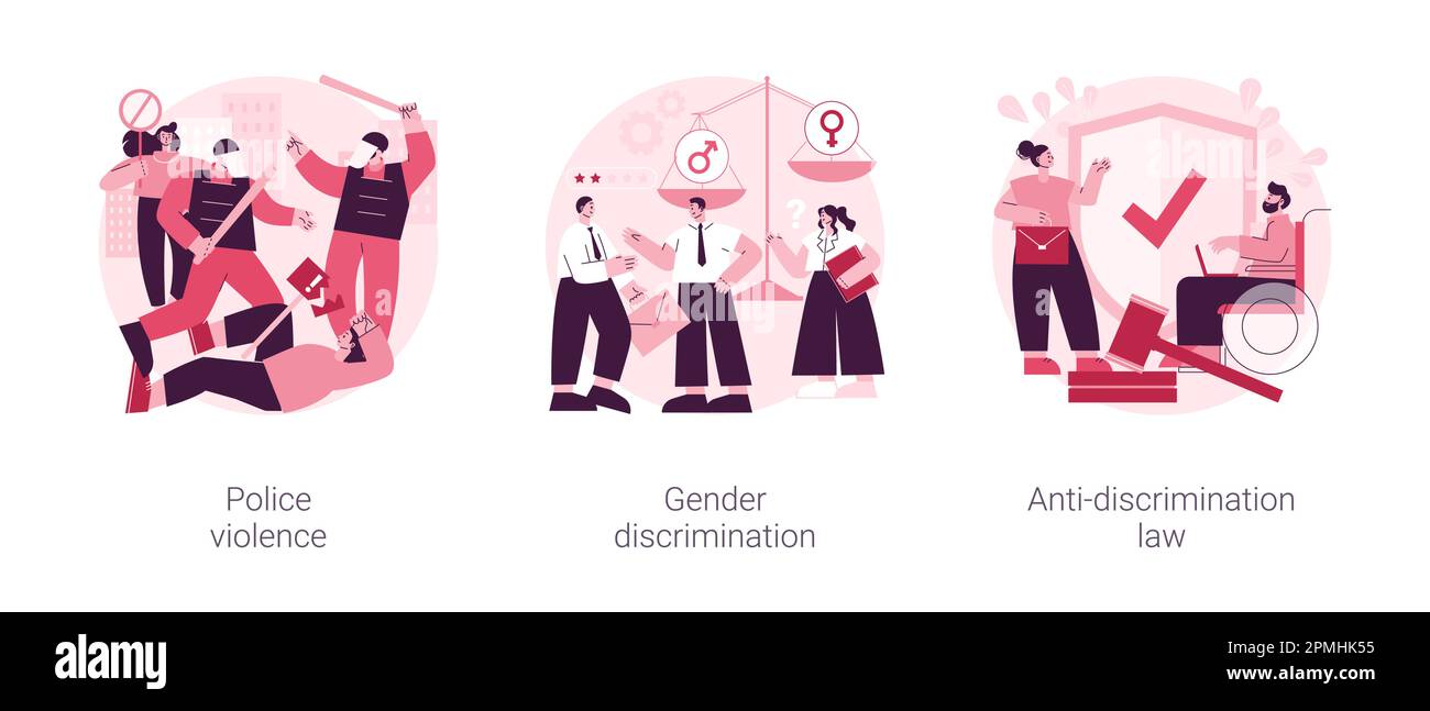 Insieme di illustrazioni vettoriali di concetto astratto di violazione dei diritti civili. Violenza della polizia, discriminazione di genere, legge contro la discriminazione, protesta di massa, brutalità della polizia, ruoli di genere metafora astratta. Illustrazione Vettoriale