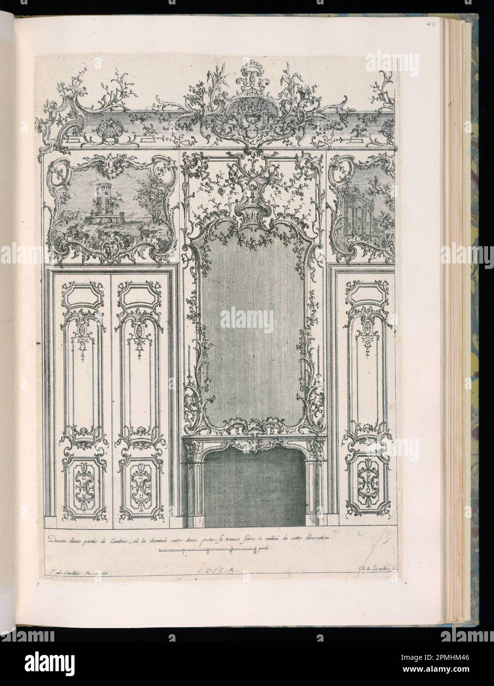 Stampa rilegata, parete con pezzettino e specchio; disegnata da Francesco de Cuvilliés il Vecchio (Belgio, Germania attiva, 1695 - 1768); Print Maker: Carl Albert von Lespinliez (tedesco, 1723 - 1796); Germania; incisione su carta; Platemark: 33,7 x 23,7 cm (13 1/4 x 9 5/16 pollici) Foto Stock