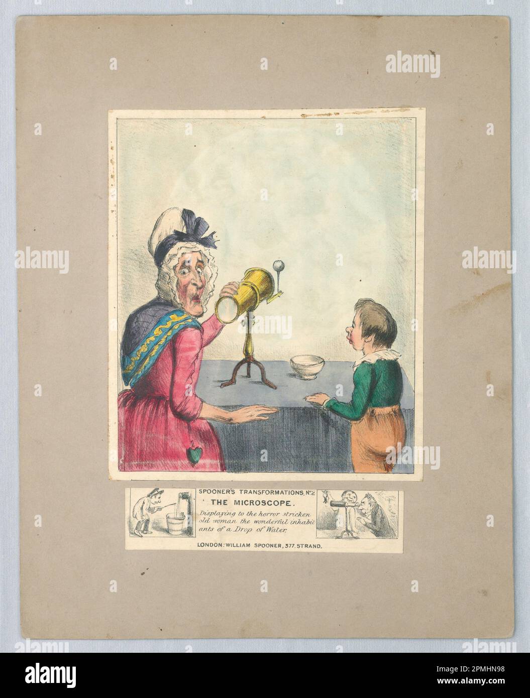 Stampa, 'il microscopio', trasformazioni di Spooner, N. 2; pubblicato da William Spooner (Inghilterra, attivo 1830 – 1854); Inghilterra; litografia, acquerello; (montaggio) 28,6 x 22,7 cm (11 1/4 x 8 15/16 pollici) Foto Stock