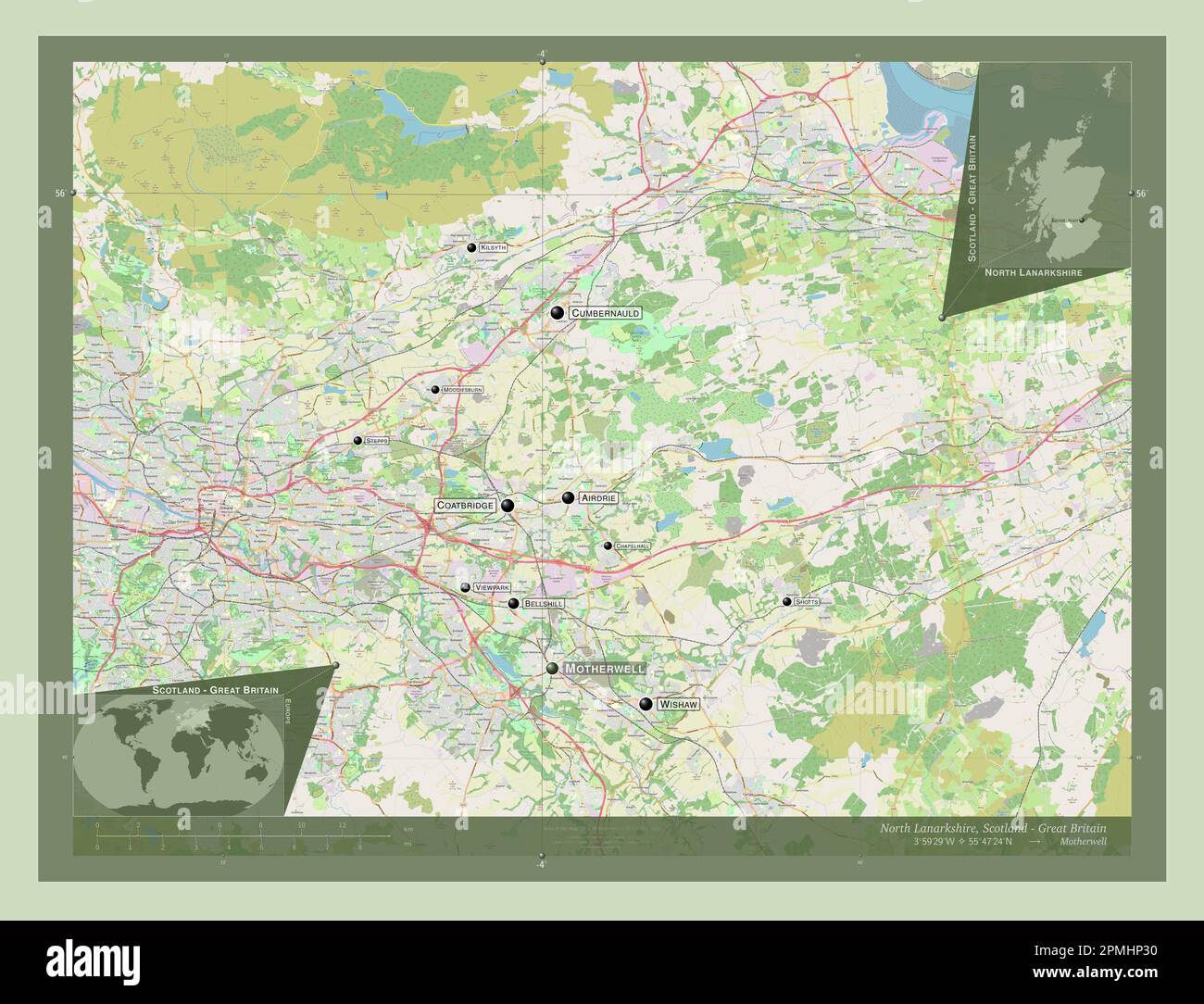 North Lanarkshire, regione della Scozia - Gran Bretagna. Aprire la mappa stradale. Località e nomi delle principali città della regione. Posizione ausiliaria ad angolo m Foto Stock