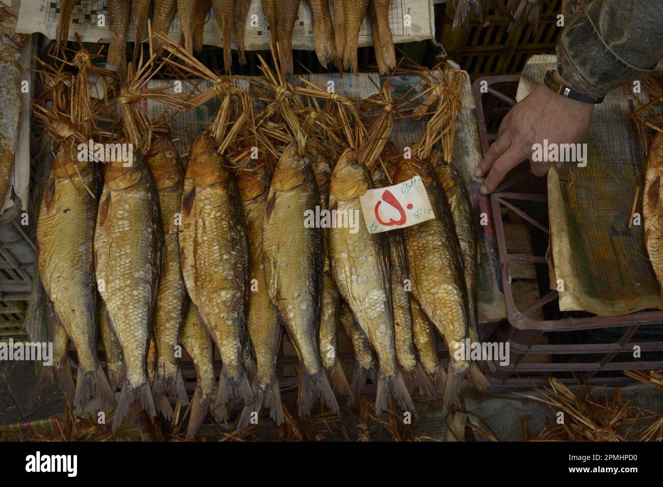 Provincia di Gilan - Rasht IRAN - 9 aprile 2023 pesci salati con prezzo al mercato del pesce - dettaglio sparato Foto Stock