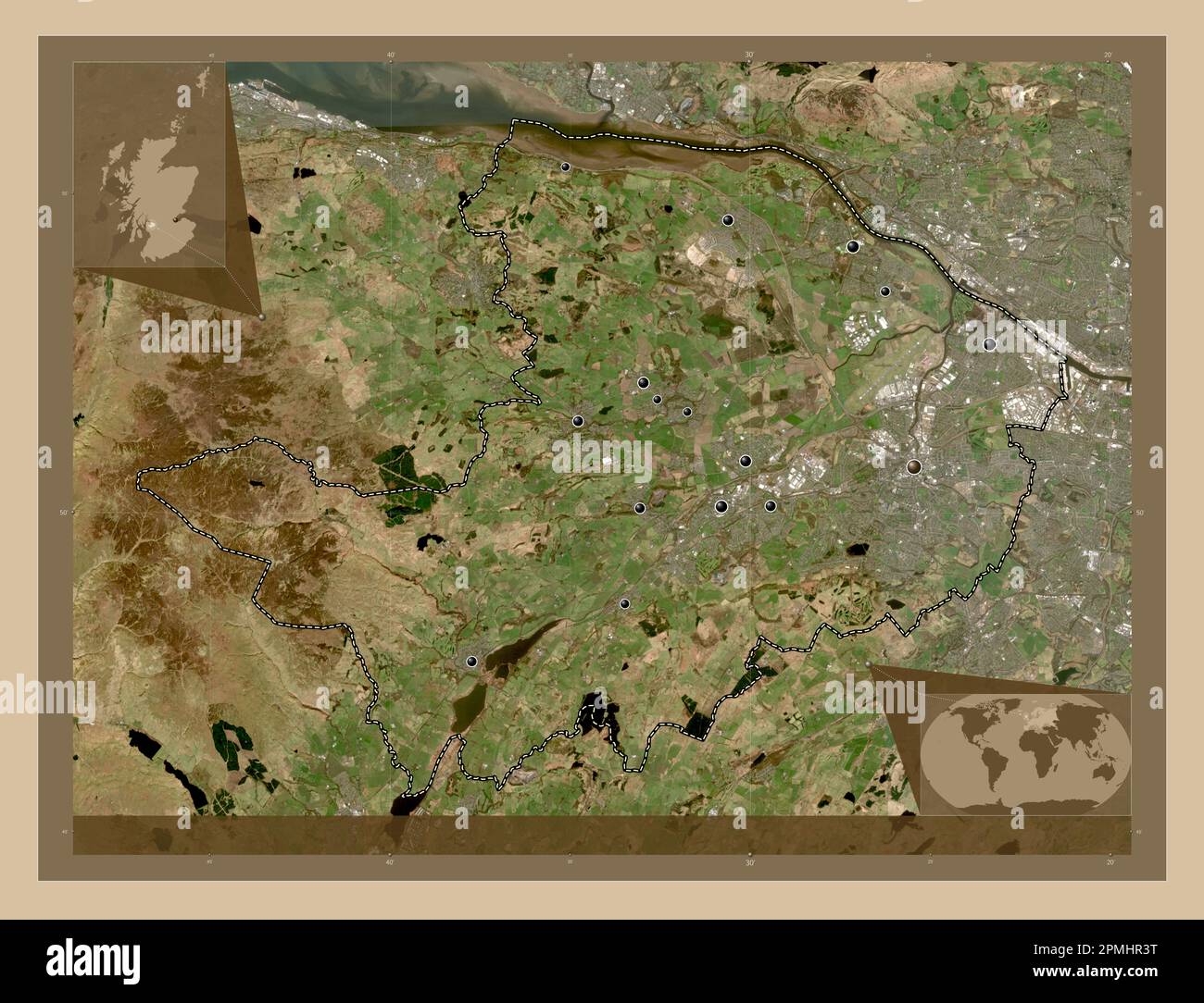 Renfrewshire, regione della Scozia - Gran Bretagna. Mappa satellitare a bassa risoluzione. Posizioni delle principali città della regione. Mappa della posizione ausiliaria ad angolo Foto Stock