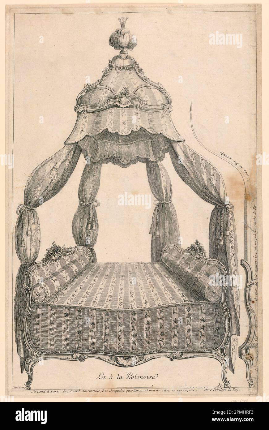 Print, A Bed; Print Maker: Matthew Liard (inglese, ca. 1736-1782); Francia; incisione su carta; piastra: 44,5 x 28,7 cm (17 1/2 x 11 5/16 pollici) Carta: 45,6 x 29,8 cm (17 15/16 x 11 3/4 pollici) Foto Stock