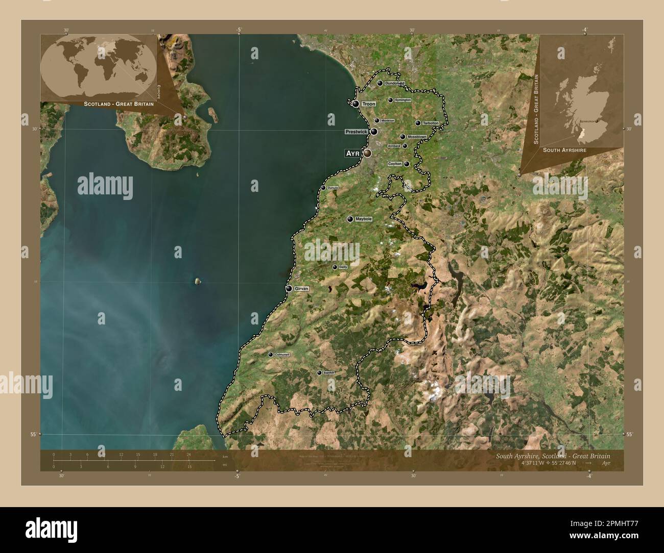 Ayrshire meridionale, regione della Scozia - Gran Bretagna. Mappa satellitare a bassa risoluzione. Località e nomi delle principali città della regione. Angolo ausiliario Foto Stock