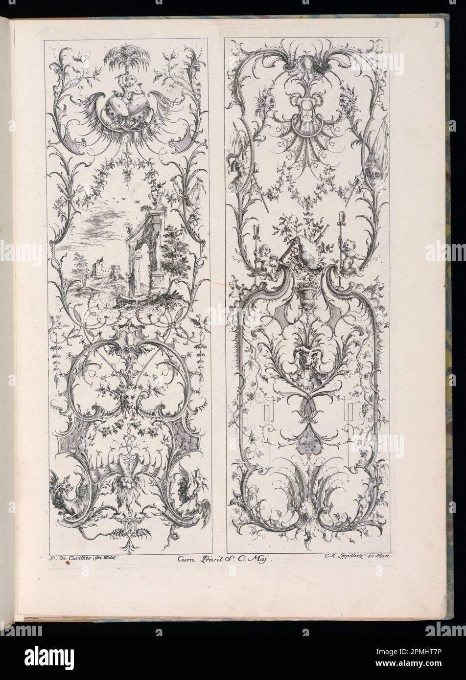 Stampa rilegata, disegni per due pannelli verticali; progettato da Francois de Cuvilliés il Vecchio (Belgio, Germania attiva, 1695 - 1768); Print Maker: Carl Albert von Lespinliez (tedesco, 1723 - 1796); Germania; incisione su carta quasi bianca; Platemark: 35,2 x 22,7 cm (13 7/8 x 8 15/16 pollici) Foto Stock