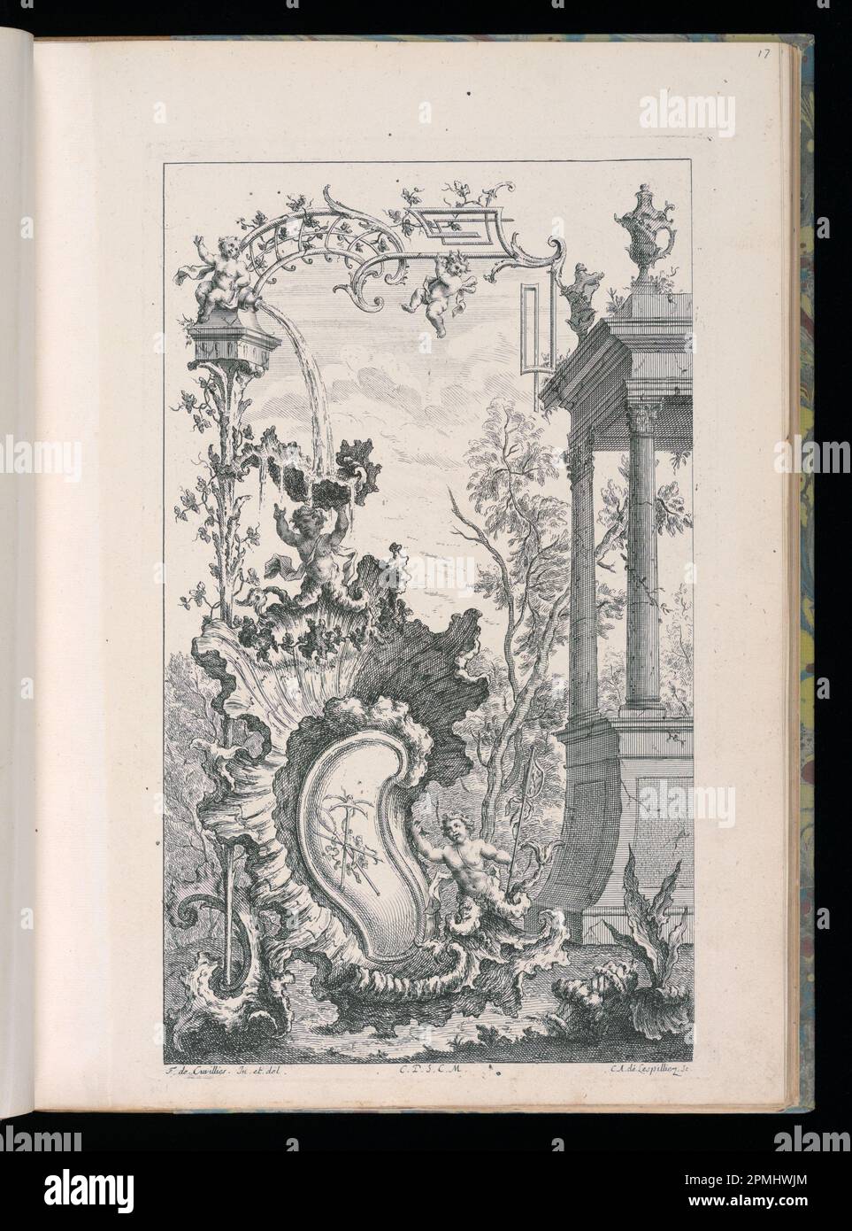 Bound Print, Cartouche con Fontana e Putti Mare; disegnato da Francesco de Cuvilliés il Vecchio (Belgio, Germania attiva, 1695 - 1768); Print Maker: Carl Albert von Lespilliez (tedesco, 1723 - 1796); Germania; incisione, incisione su carta posata; 38,9 x 27,9 cm (15 5/16 x 11 in.) Platemark: 34,4 x 21,1 cm (13 9/16 x 8 5/16 pollici) Foto Stock