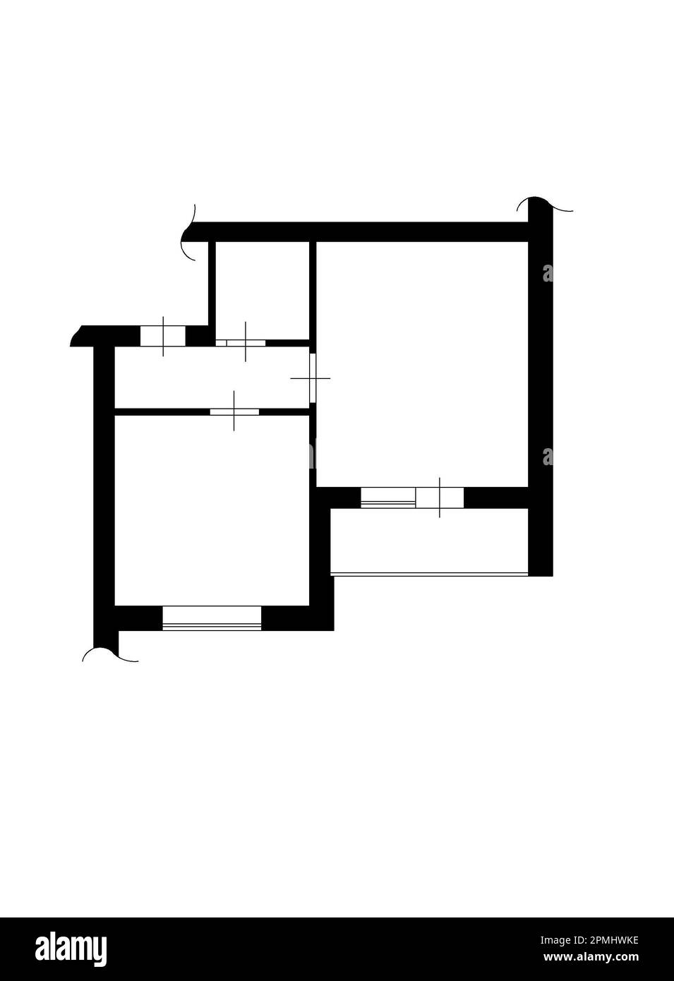 Pianta. Appartamento Blueprint con elementi da costruzione. Progetto della casa. piano 2d. Pianta in bianco e nero. pianta a 2D piani Foto Stock