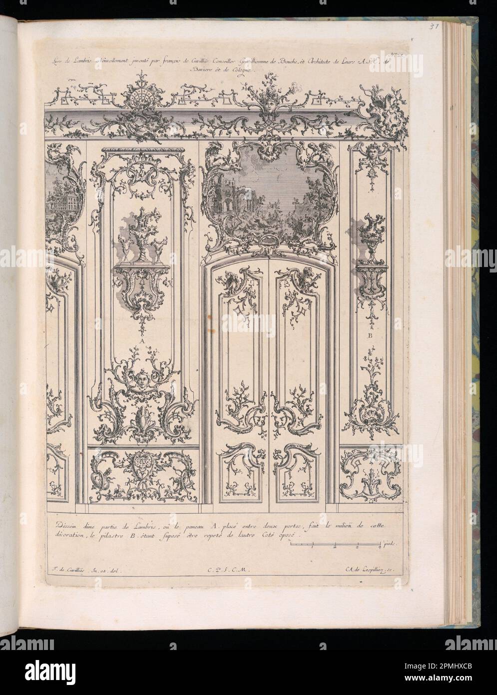 Stampa rilegata, parete con doppia porta e pittura overdoor; disegnata da Francois de Cuvilliés il Vecchio (Belgio, Germania attiva, 1695 - 1768); Print Maker: Carl Albert von Lespinliez (tedesco, 1723 - 1796); Germania; incisione su carta; Platemark: 34,5 x 23,6 cm (13 9/16 x 9 5/16 in.) Foto Stock
