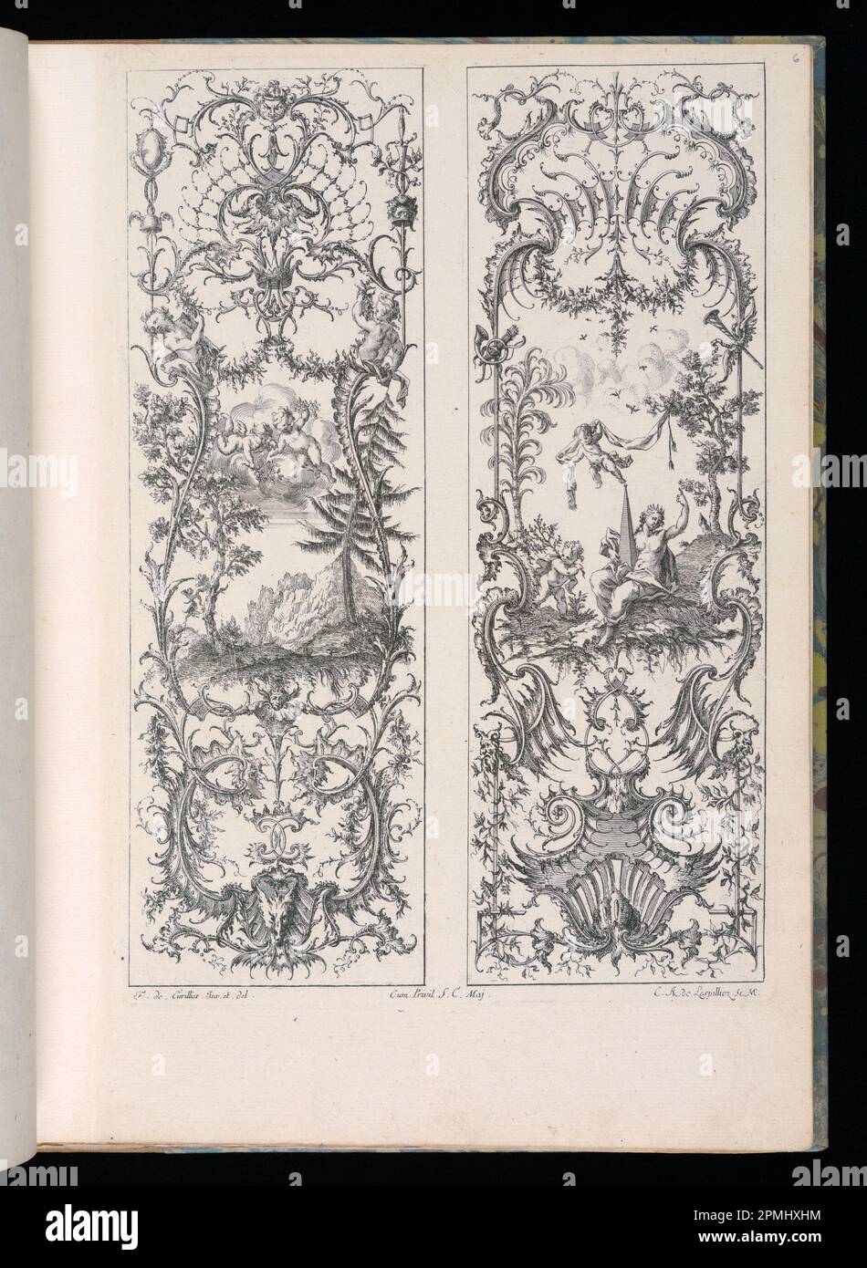 Stampa rilegata, disegni per due pannelli verticali; progettato da Francois de Cuvilliés il Vecchio (Belgio, Germania attiva, 1695 - 1768); Print Maker: Carl Albert von Lespinliez (tedesco, 1723 - 1796); Germania; incisione su carta quasi bianca; Platemark: 33,5 x 23 cm (13 3/16 x 9 1/16 pollici) Foto Stock