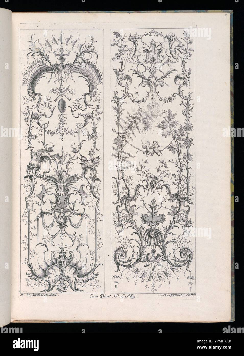 Stampa rilegata, disegni per due pannelli verticali; progettato da Francois de Cuvilliés il Vecchio (Belgio, Germania attiva, 1695 - 1768); Print Maker: Carl Albert von Lespinliez (tedesco, 1723 - 1796); Germania; incisione su carta quasi bianca; Platemark: 35 x 23,7 cm (13 3/4 x 9 5/16 pollici) Foto Stock