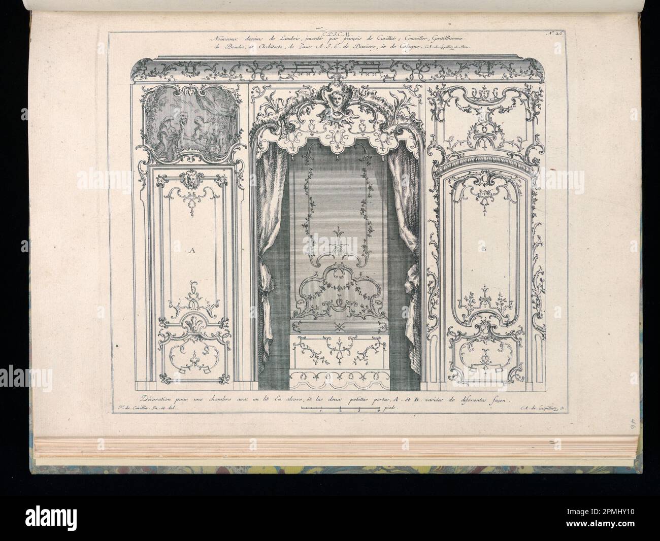 Bound Print, Title Page; Designed by Francois de Cuvilliés the Elder (Belga, Germania attiva, 1695 - 1768); Print Maker: Carl Albert von Lespilliez (tedesco, 1723 - 1796); Germania; incisione su carta; Platemark: 25,6 x 30,9 cm (10 1/16 x 12 3/16 pollici) Foto Stock