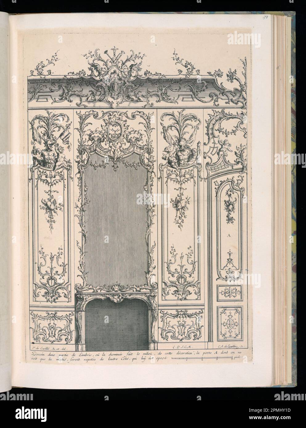 Stampa rilegata, parete con pezzettino e specchio; disegnata da Francesco de Cuvilliés il Vecchio (Belgio, Germania attiva, 1695 - 1768); Print Maker: Carl Albert von Lespinliez (tedesco, 1723 - 1796); Germania; incisione su carta; Platemark: 34,3 x 24 cm (13 1/2 x 9 7/16 pollici) Foto Stock