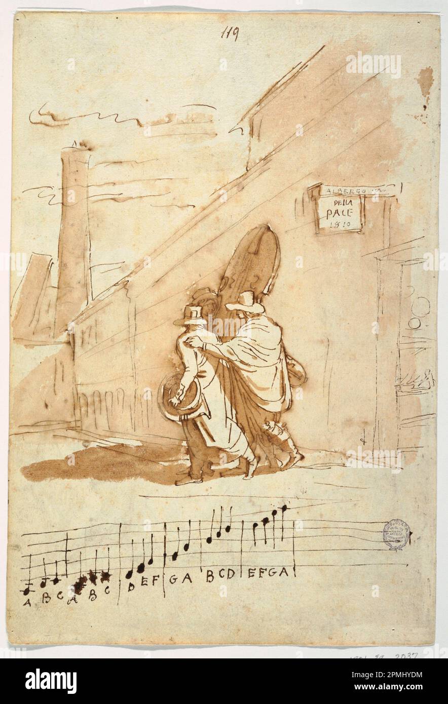 Disegno, recto: Tre musicisti di fronte all'albergo della Pace, 1810; Felice Giani (italiano, 1758-1823); Italia; Recto: Penna e inchiostro marrone, pennello e lavaggio marrone su carta bianca; foglio: 37,5 x 25,5 cm (14 3/4 x 10 1/16 pollici) Foto Stock