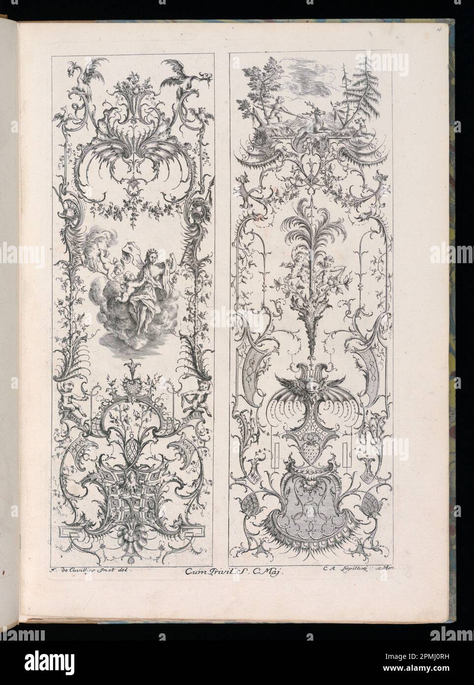 Stampa rilegata, disegni per due pannelli verticali; progettato da Francois de Cuvilliés il Vecchio (Belgio, Germania attiva, 1695 - 1768); Print Maker: Carl Albert von Lespinliez (tedesco, 1723 - 1796); Germania; incisione su carta quasi bianca; Platemark: 35 x 23 cm (13 3/4 x 9 1/16 pollici) Foto Stock