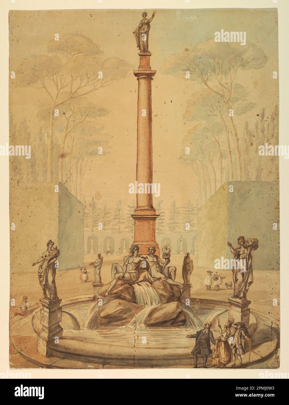 Disegno, progetto per una Fontana in un Parco; Italia; pastello, penna e inchiostro, pennello e seppia, acquerello su carta ; 44 x 33,3 cm (17 5/16 x 13 1/8 pollici) Foto Stock