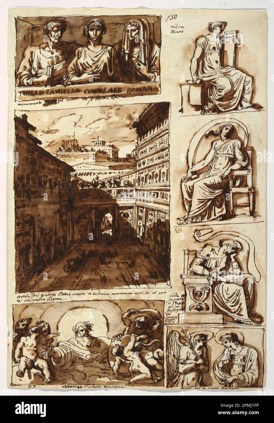 Disegno, varie opere d'arte La corte di Palazzo Mattei a Roma; Felice Giani (italiano, 1758–1823); Italia; lavaggio a pennello e marrone, penna e inchiostro marrone, gesso nero su carta; immagine: 37,5 x 25,5 cm (14 3/4 x 10 1/16 in.) Tappetino: 45,7 x 35,6 cm (18 x 14 pollici) Foto Stock