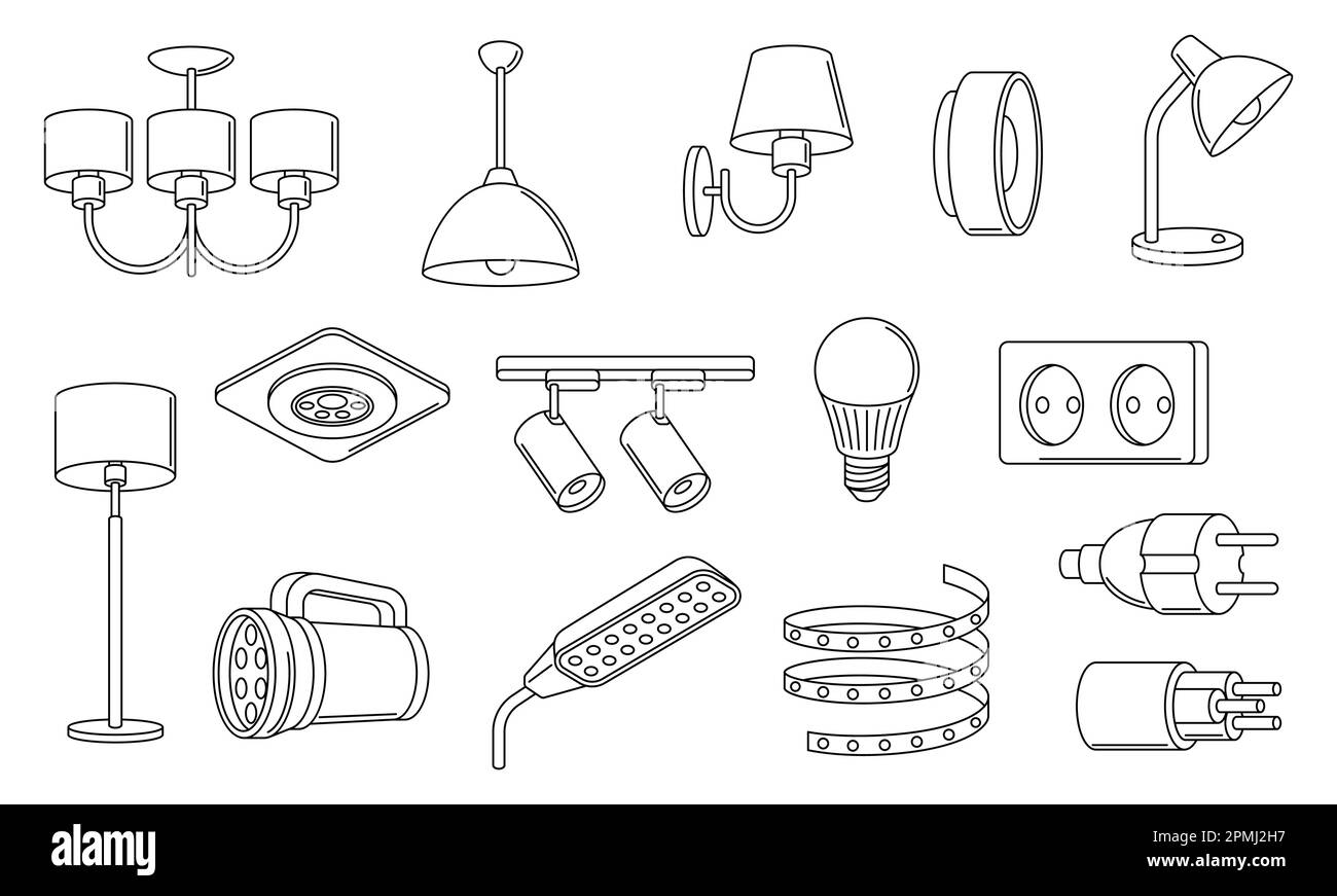 Set di luci e lampade elettriche. Apparecchiature elettriche. Immagini industriali o aziendali. Icone per il sito Web e il negozio. Illustrazione Vettoriale