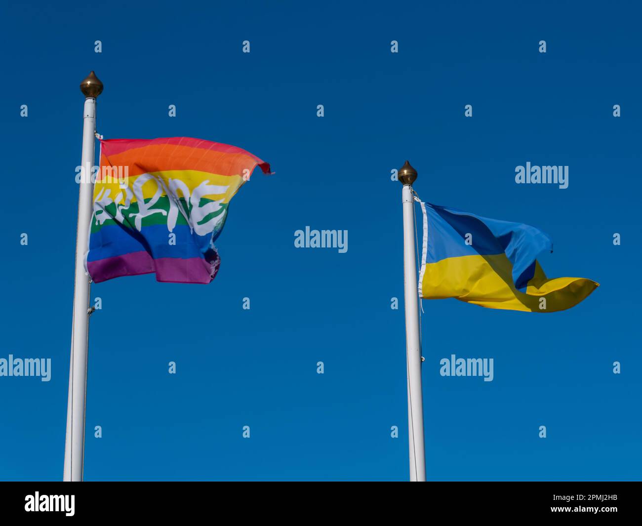 La bandiera dell'Ucraina e la bandiera arcobaleno sul flagpoles, cielo. Due bandiere e un cielo senza nuvole. Foto Stock