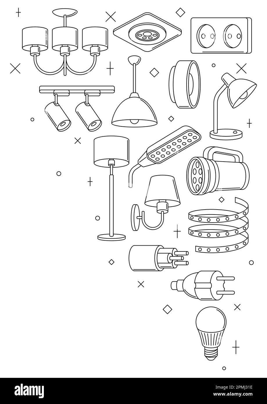Sfondo con luci e lampade elettriche. Apparecchiature elettriche. Design industriale o aziendale. Illustrazione Vettoriale