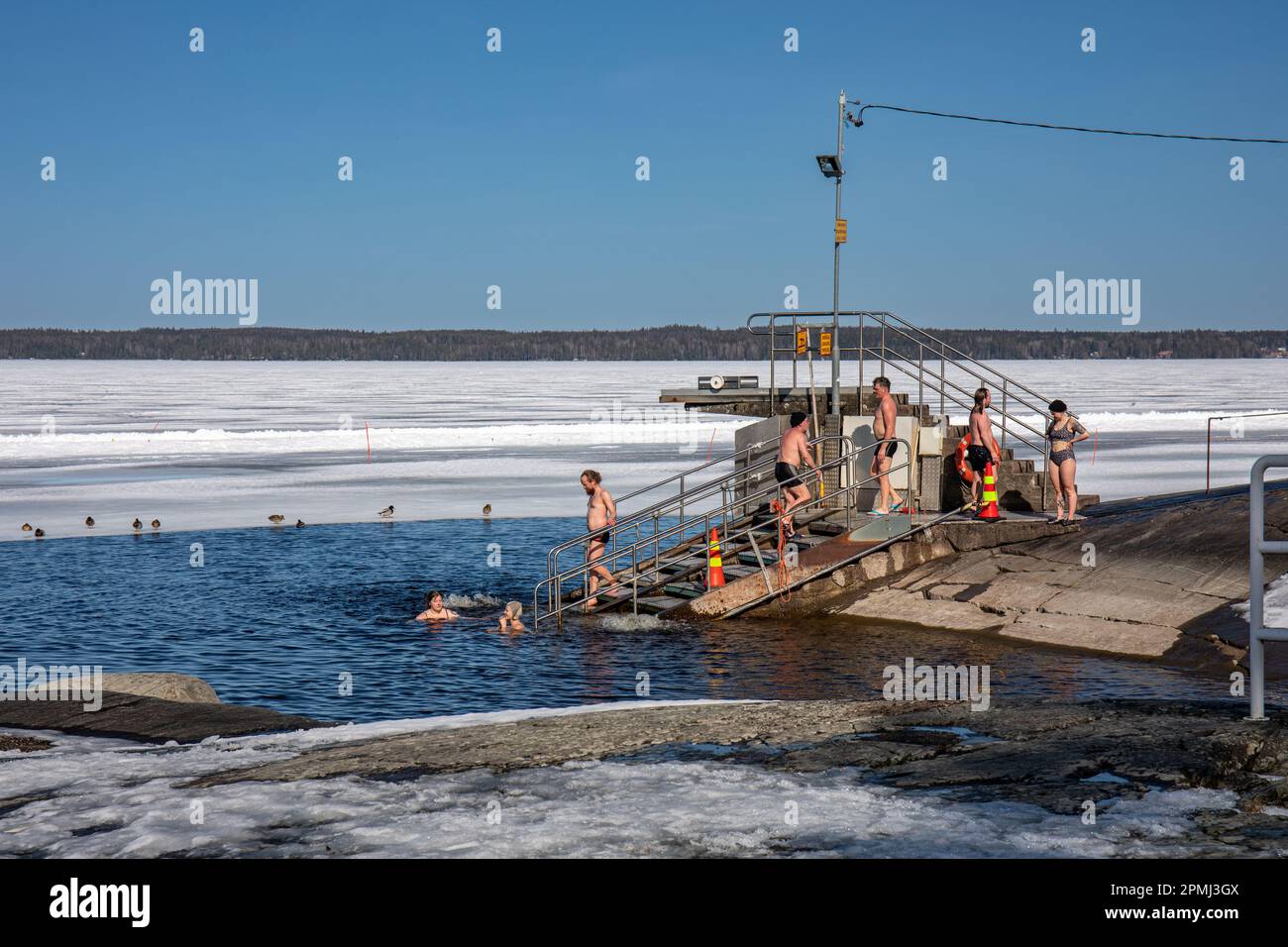 Persone che nuotano sul ghiaccio in una giornata di sole primaverili al Rauhaniemi Folk Spa o al Rauhaniemen kansankylpylä di Tampere, Finlandia Foto Stock