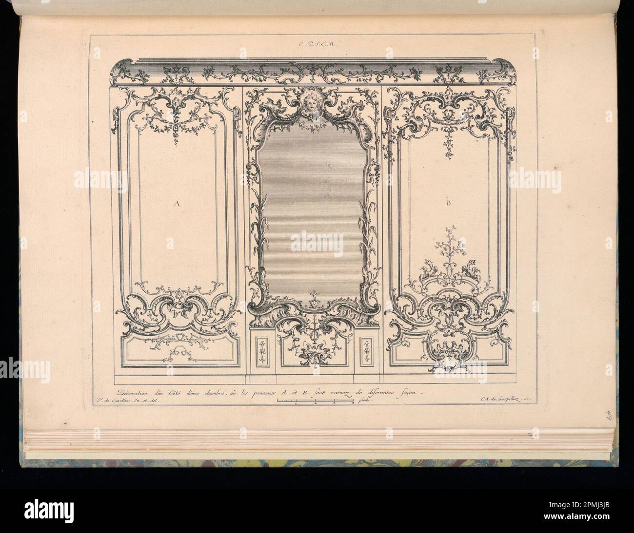Stampa rilegata con tre pannelli e specchio; disegnata da Francois de Cuvilliés il Vecchio (Belgio, Germania attiva, 1695 - 1768); Print Maker: Carl Albert von Lespilliez (tedesco, 1723 - 1796); Germania; incisione su carta; Platemark: 25,3 x 30,4 cm (9 15/16 x 11 15/16 pollici) Foto Stock