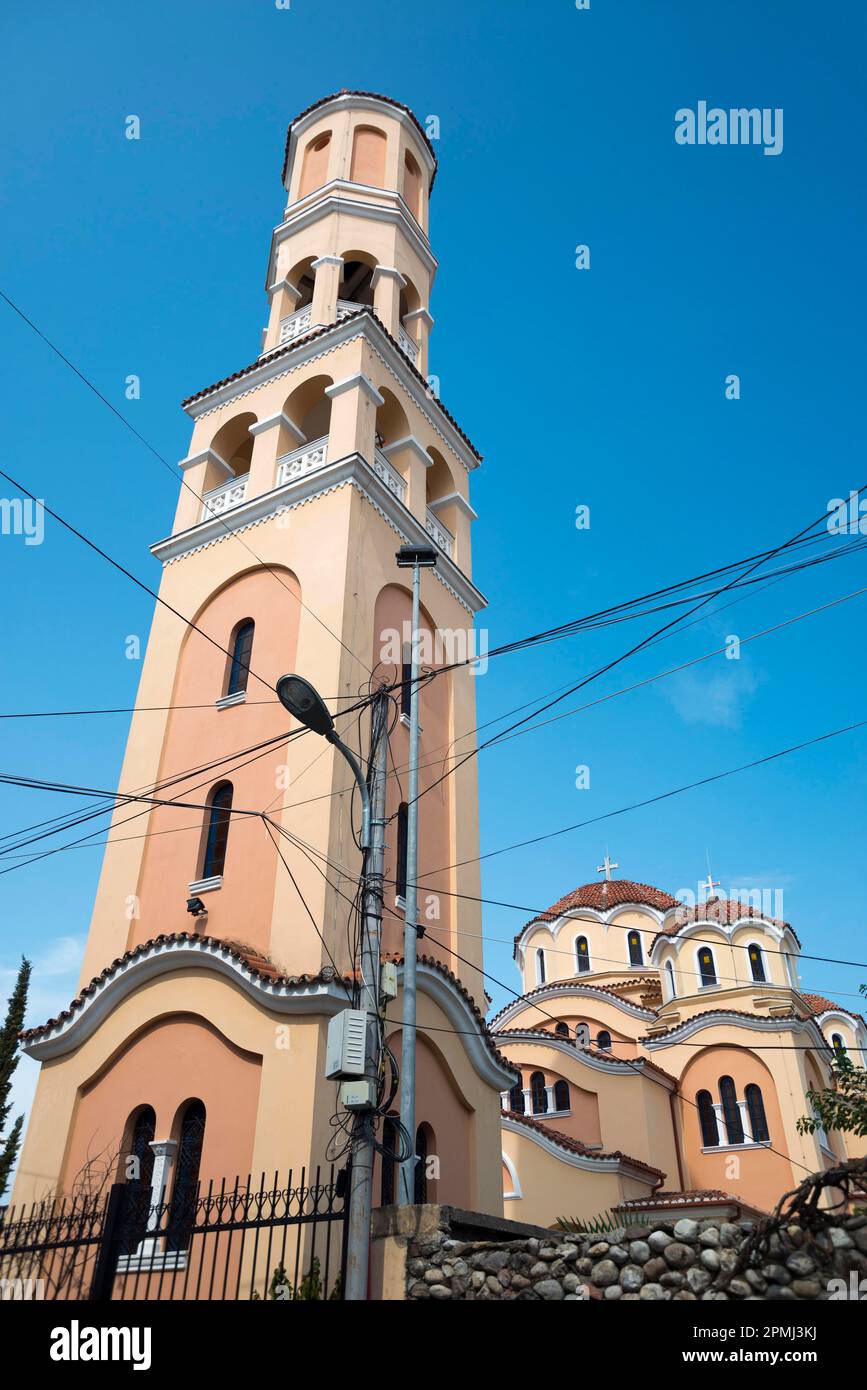 Campanile della Chiesa Ortodossa, Cattedrale della Natività del Signore, Shkoder, Albania, Shkodra Foto Stock