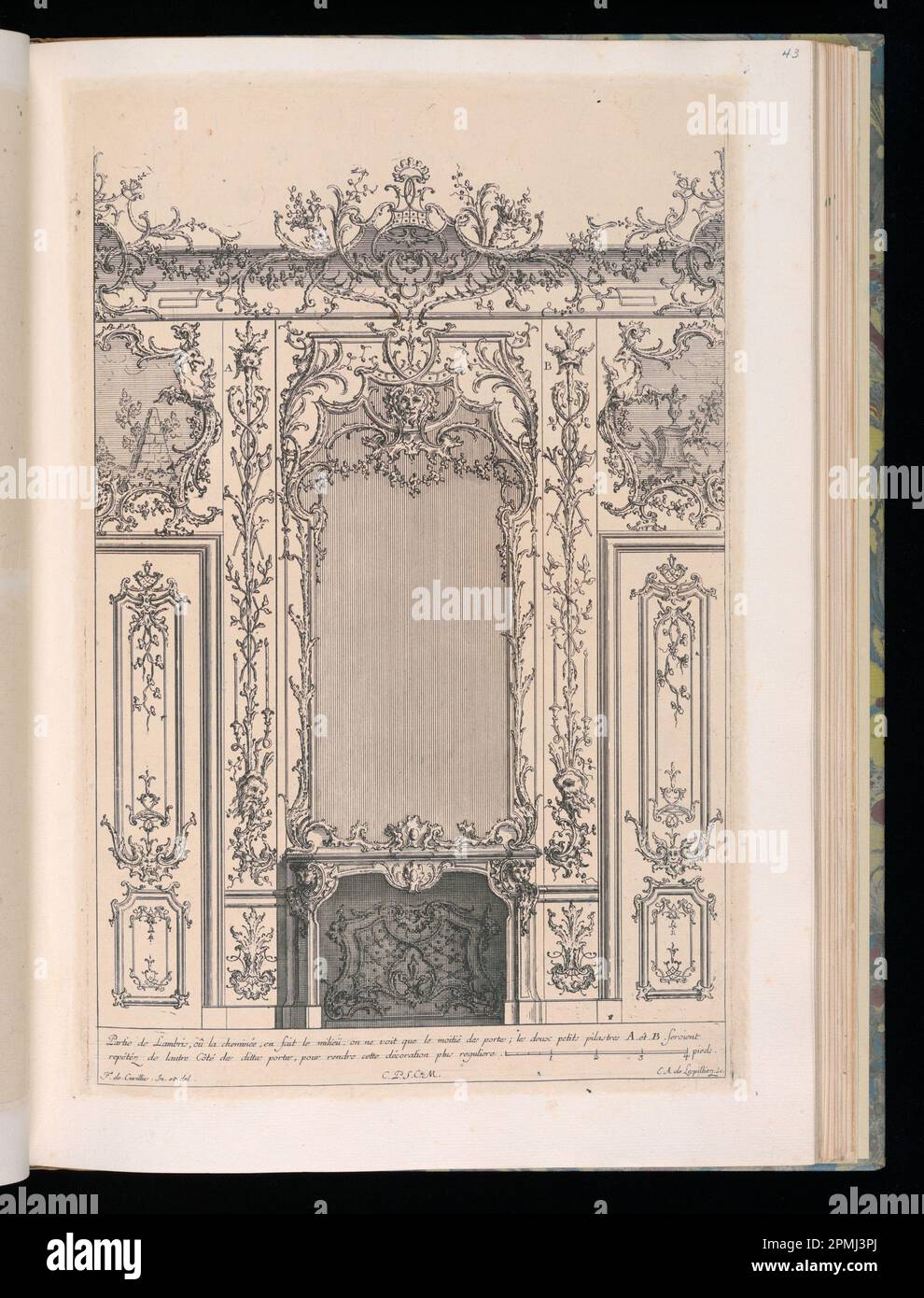 Bound Print, Wall with Chimneypiece and Mirror, Livre de Lambris (Libro di Wainscoting); disegnata da Francesco de Cuvilliés il Vecchio (Belgio, Germania attiva, 1695-1768); incisa da Carl Albert von Lespilliez (tedesco, 1723-1796); Germania; incisione su carta; Platemark: 34,8 x 23,5 cm (13 11/16 x 9 1/4 pollici) Foto Stock