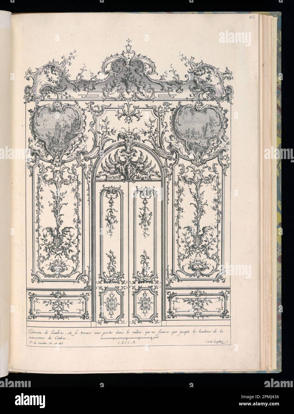 Stampa rilegata, parete con doppia porta, Livre de Lambris (Libro di Wainscoting); disegnato da Francesco de Cuvilliés il Vecchio (Belgio, Germania attiva, 1695 - 1768); inciso da Carl Albert von Lespinliez (tedesco, 1723 - 1796); Germania; incisione su carta; Platemark: 34,5 x 23,3 cm (13 9/16 x 9 3/16 poll.) Foto Stock