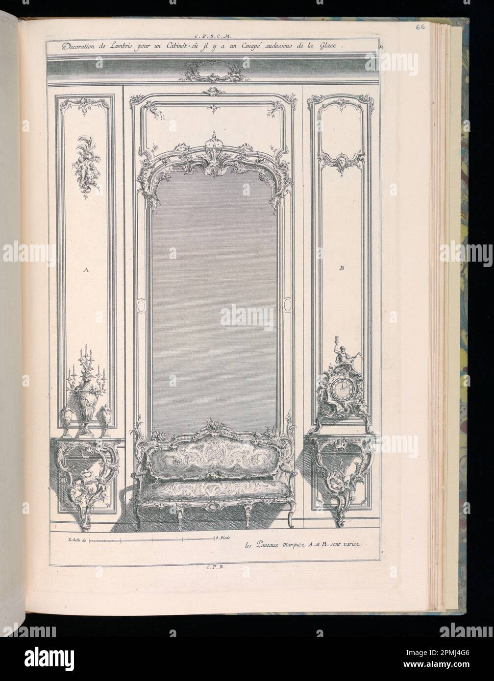 Bound Print, Wall with Canapé and Mirror, Desseins de Lambris (Wainscoting Designs); disegnata da Francesco de Cuvilliés il Vecchio (Belgio, Germania attiva, 1695 - 1768); incisa da Carl Albert von Lespinliez (tedesco, 1723 - 1796); pubblicata da Nicolas Jean Baptiste de Poilly (Francia, 1712 – ca. 1758); Germania; incisione su carta Foto Stock
