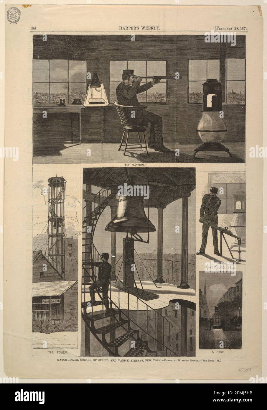 Stampa, torre di osservazione, Corner of Spring e Varick Street, New York; dopo Winslow Homer (americano, 1836–1910); USA; incisione in legno stampata in inchiostro nero su carta; 40,5 x 28,3 cm (15 15/16 x 11 1/8 pollici) Foto Stock