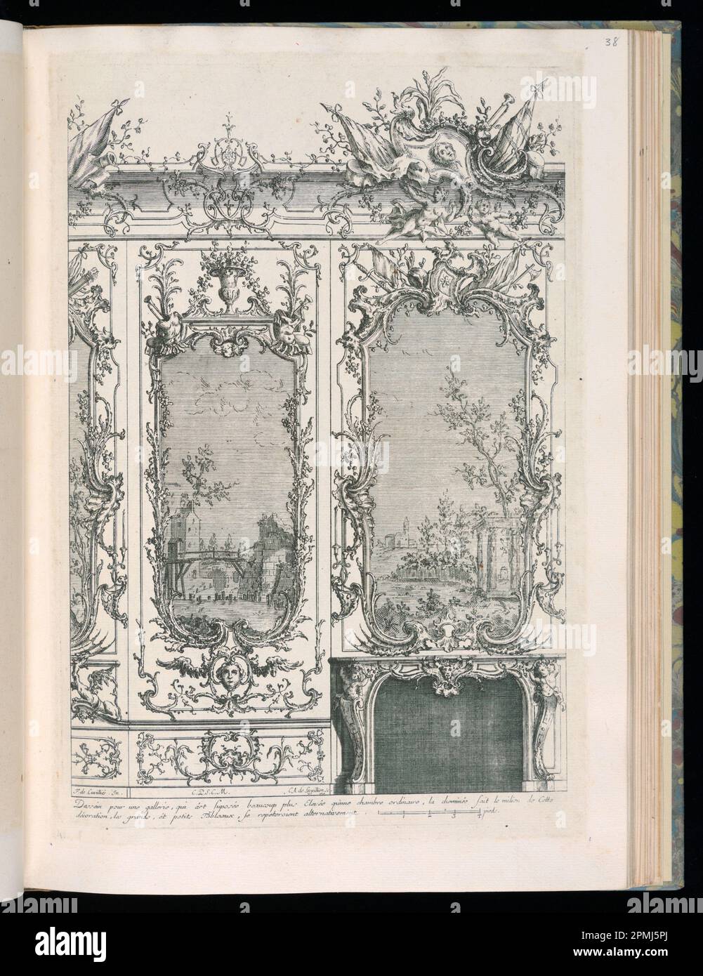 Stampa rilegata, parete con pittura e pezzo di legno; disegnata da Francesco de Cuvilliés il Vecchio (Belgio, Germania attiva, 1695 - 1768); Print Maker: Carl Albert von Lespinliez (tedesco, 1723 - 1796); Germania; incisione su carta; Platemark: 34,5 x 24,2 cm (13 9/16 x 9 1/2 pollici) Foto Stock