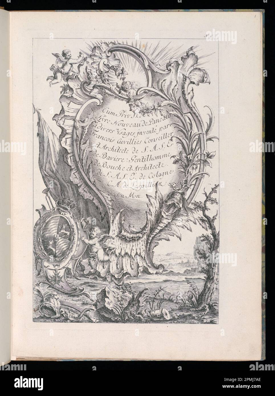 Stampa rilegata, targa del titolo; disegnata da Francois de Cuvilliés il Vecchio (Belgio, Germania attiva, 1695 - 1768); Print Maker: Carl Albert von Lespinliez (tedesco, 1723 - 1796); Germania; incisione su carta quasi bianca; Platemark: 33,4 x 22,5 cm (13 1/8 x 8 7/8 in.) Foto Stock