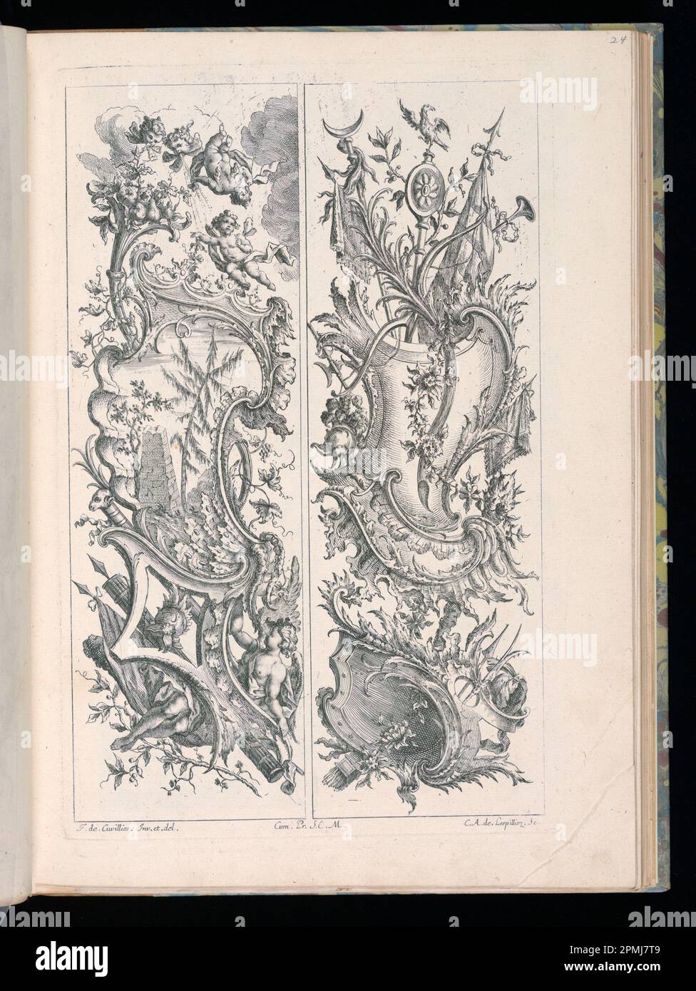 Stampa rilegata, due pannelli verticali, Livre de Paneaux irréguliers (Libro dei pannelli irregolari); disegnata da Francois de Cuvilliés il Vecchio (belga, Germania attiva, 1695-1768); incisa da Carl Albert von Lespinlez (tedesco, 1723-1796); Germania; incisione su carta; Platemark: 35 x 22,7 cm (13 3/4 x 8 15/16 pollici) Foto Stock