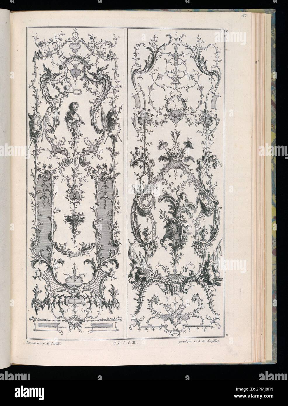 Stampa rilegata, disegni per due pannelli verticali; disegnati da Francois de Cuvilliés il Vecchio (Belga, Germania attiva, 1695 - 1768); Print Maker: Carl Albert von Lespilliez (tedesco, 1723 - 1796); Germania; incisione su carta Foto Stock