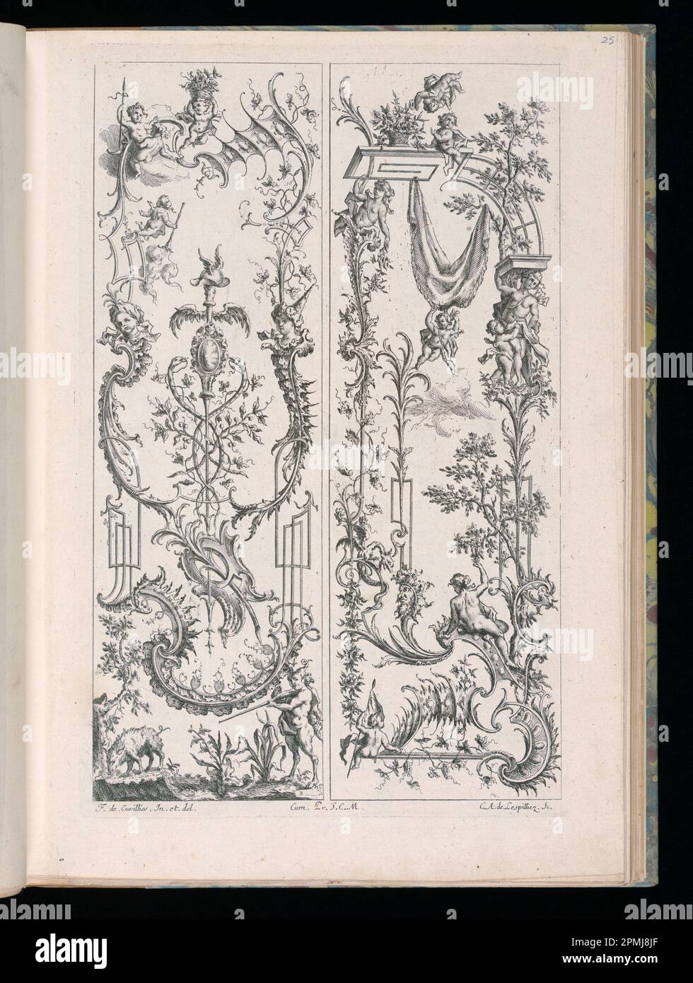 Stampa rilegata, due pannelli verticali, Livre de Paneaux irréguliers (Libro dei pannelli irregolari); disegnata da Francois de Cuvilliés il Vecchio (belga, Germania attiva, 1695-1768); incisa da Carl Albert von Lespinlez (tedesco, 1723-1796); Germania; incisione su carta; Platemark: 35,3 x 22,5 cm (13 7/8 x 8 7/8 pollici) Foto Stock