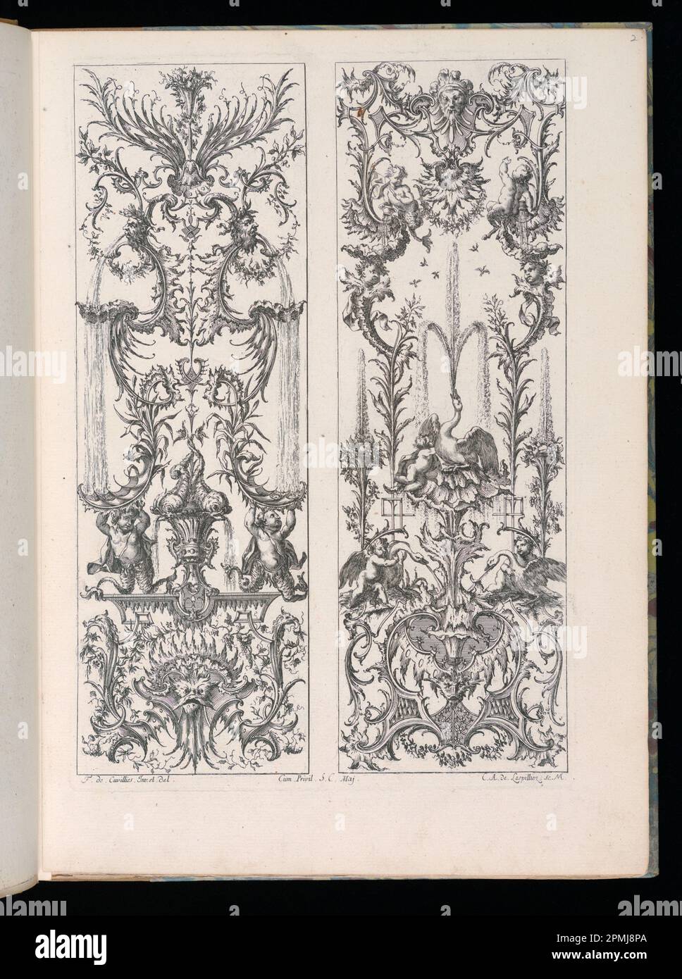 Stampa rilegata, due pannelli verticali, Livre Nouveaux de Paneaux à Divers Usages (Libro dei nuovi pannelli per usi vari); disegnata da Francois de Cuvilliés il Vecchio (Belgio, Germania attiva, 1695-1768); incisa da Carl Albert von Lespinliez (tedesco, 1723-1796); Germania; incisione su carta quasi bianca; Platemark: 35,2 x 22,7 cm (13 7/8 x 8 15/16 pollici) Foto Stock