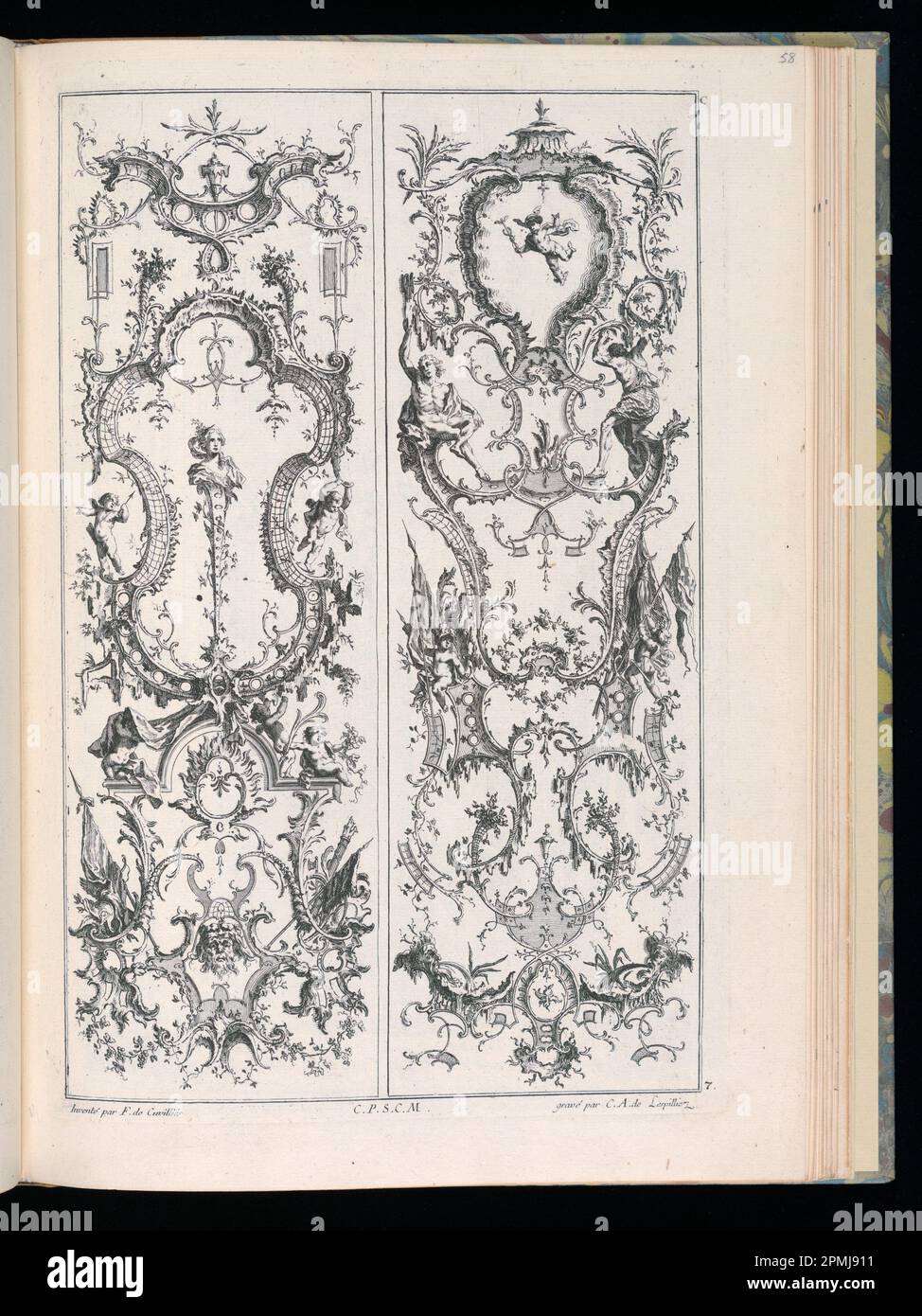 Stampa rilegata, due pannelli verticali, Livre de Paneaux à usi vari (Libro dei pannelli per usi vari); disegnata da Francois de Cuvilliés il Vecchio (Belgio, Germania attiva, 1695-1768); incisa da Karl Albert von Lespinlez (1723-1796); Francia; incisione su carta deposta biancastra; Platemark: 36 x 23,5 cm (14 3/16 x 9 1/4 pollici) Foglio: 39,2 x 28,3 cm (15 7/16 x 11 1/8 pollici) Album: 3 x 30,3 x 40,1 cm (1 3/16 x 11 15/16 x 15 13/16 pollici) Album aperto: 13,5 x 58,6 x 40 cm (5 5/16 x 23 1/16 x 15 3/4 pollici) Foto Stock